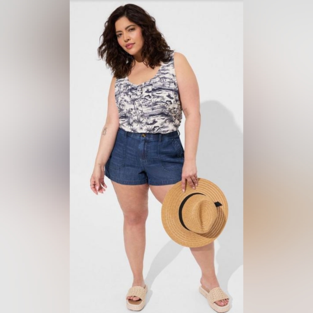 New Torrid 0X/L(12) Challis Henley Pocket Sleeveless Tank-Jungle Toile …